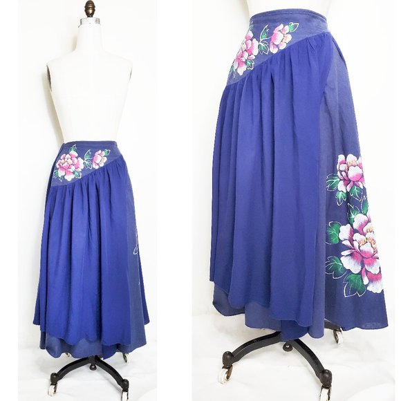 Vintage Womens Handmade Handpainted Floral Layered Flared Skirt Blue XS/S - Picture 1 of 13
